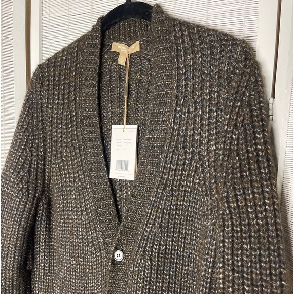 Michael Kors Collection Metallic Ruffle Cardigan Chocolate Brown Size S NWT - Picture 2 of 13